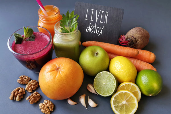 Fresh fruits and vegetables arranged for liver detox.