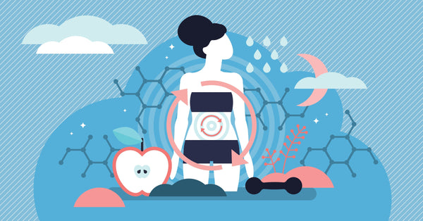 Woman's metabolism illustration with apple and exercise icons.