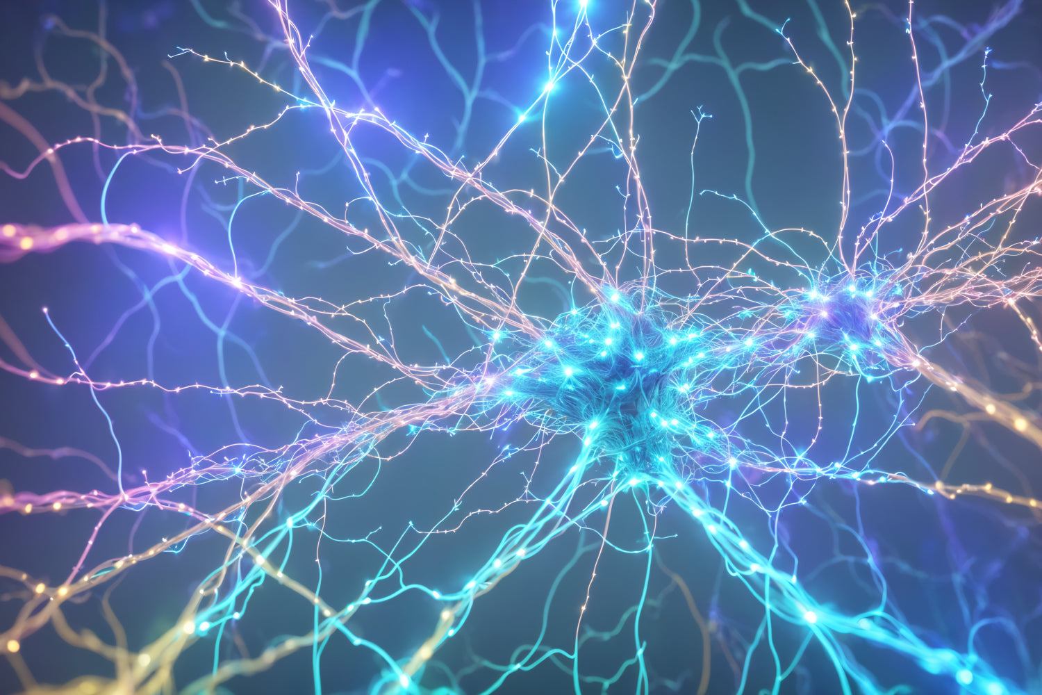 Neural connections network glowing with vibrant colors.