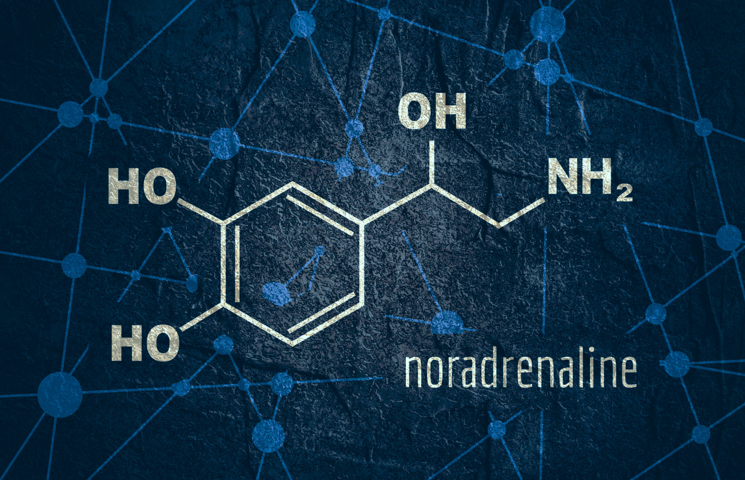 Chemical structure of noradrenaline on a textured blue background.