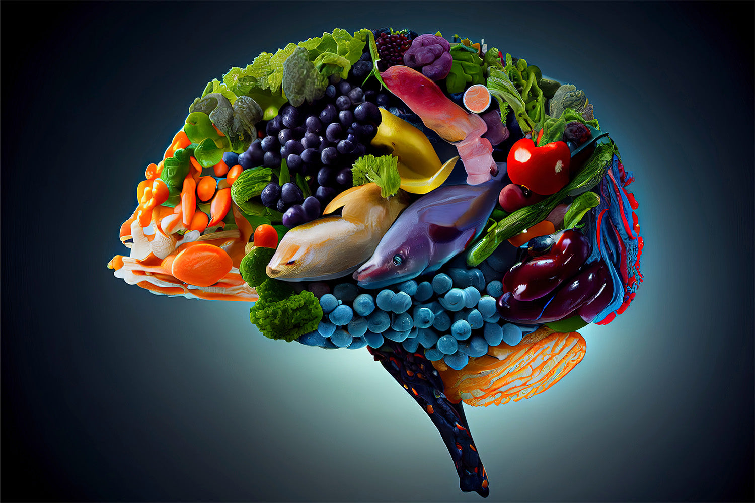 A colorful brain shape made of various fruits, vegetables, and fish, highlighting nutrition for brain health.