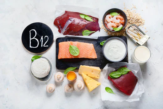 Vitamin B12-rich foods including fish, liver, cheese, and eggs.