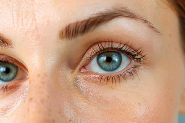 Close-up of bright blue eyes with natural skin complexion.