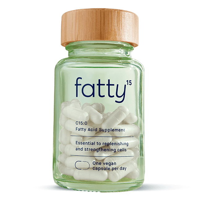 
                Fatty15&#39;s C15 supplement bottle with capsules.
