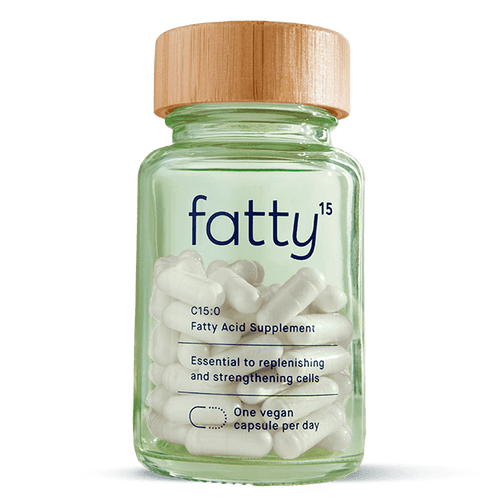 Fatty15's C15 supplement bottle with capsules.