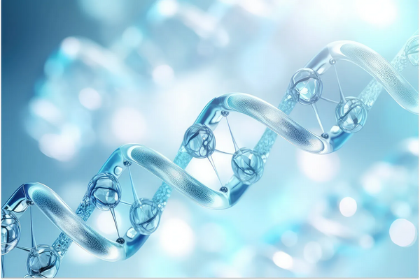 Abstract 3D DNA helix structure on a blue background