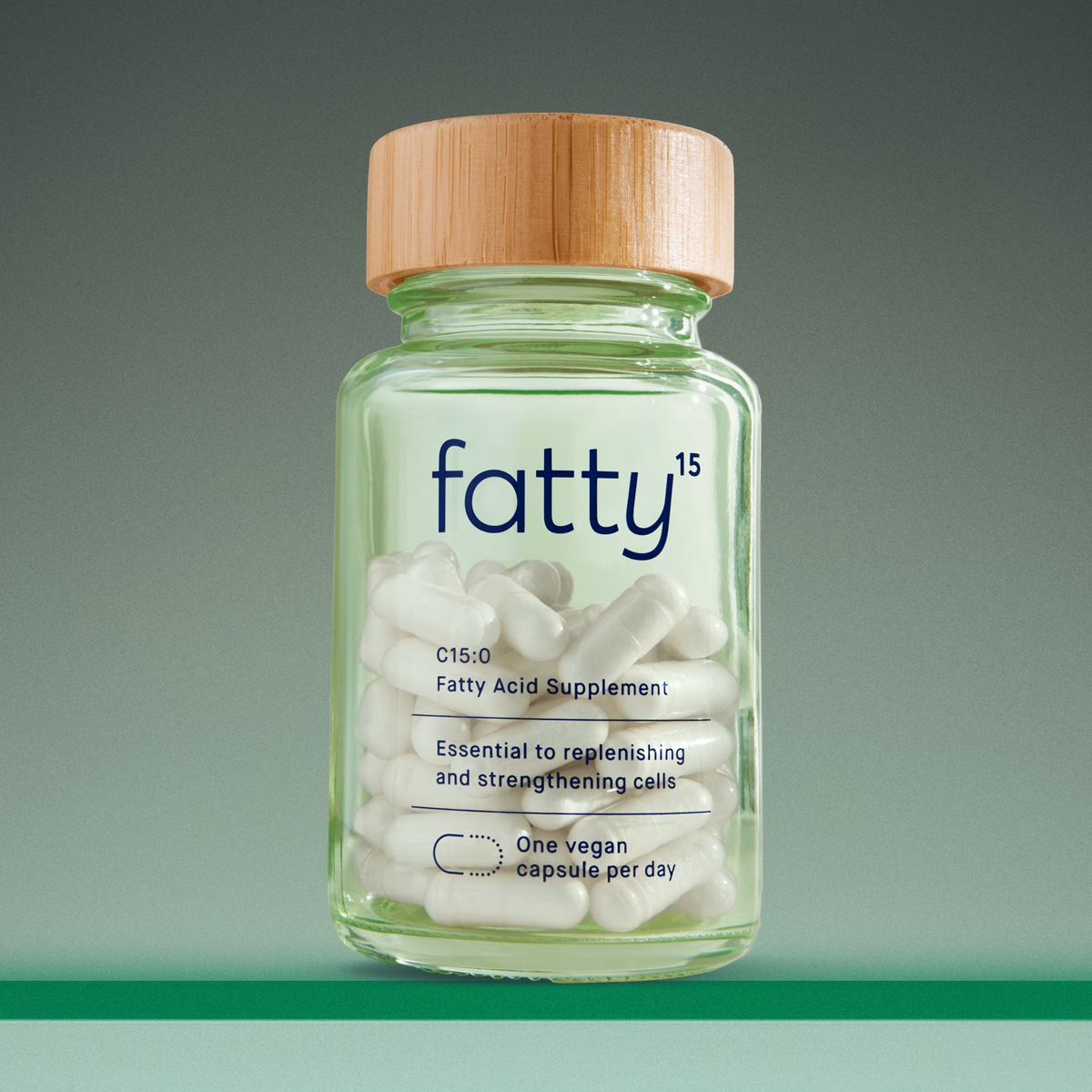 
                Fatty15&#39;s C15 supplement in a glass bottle with capsules.