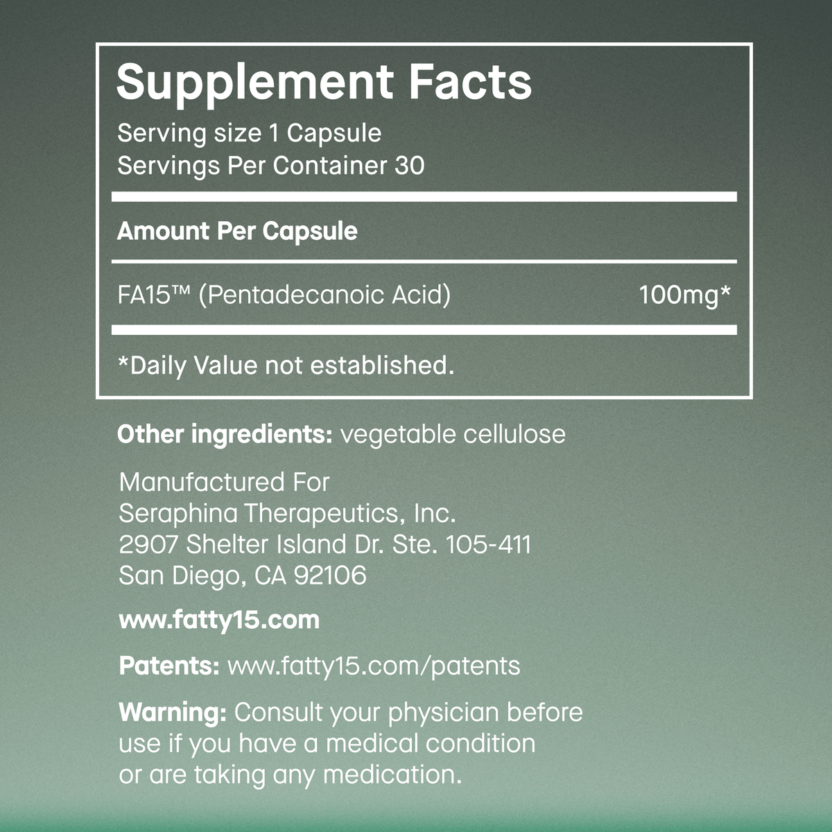 
                Fatty15&#39;s supplement facts label with 100mg C15 content details.